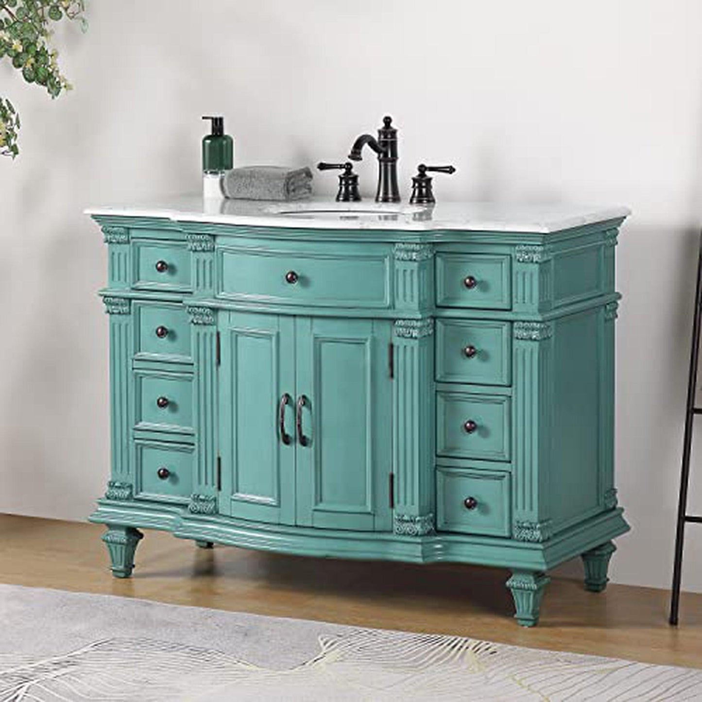 Silkroad Exclusive 48" Single Sink Retro Green Bathroom Vanity With Carrara White Marble Countertop and White Ceramic Undermount Sink - V0277NW48C