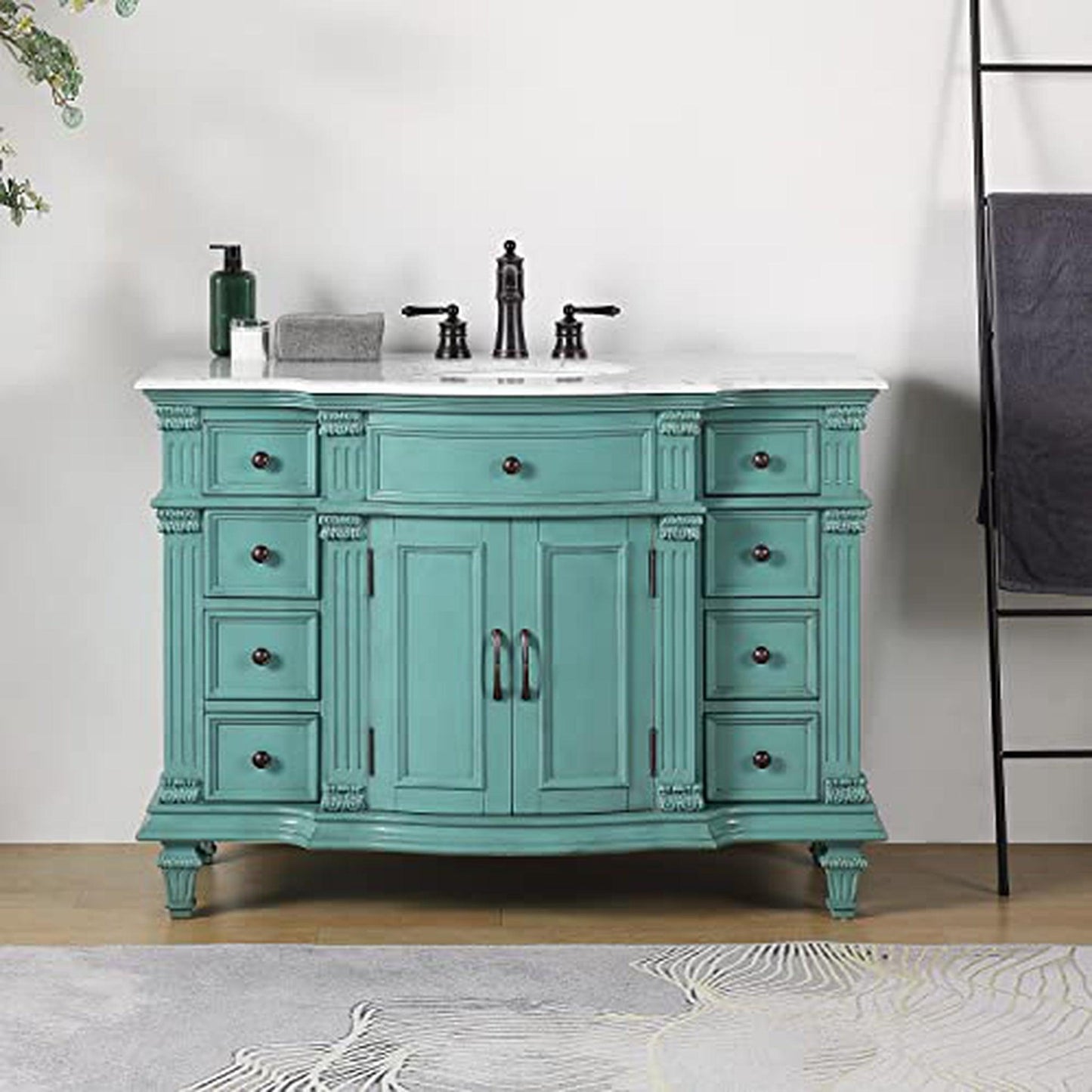 Silkroad Exclusive 48" Single Sink Retro Green Bathroom Vanity With Carrara White Marble Countertop and White Ceramic Undermount Sink - V0277NW48C