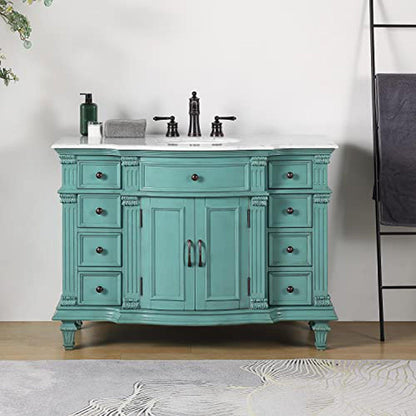 Silkroad Exclusive 48" Single Sink Retro Green Bathroom Vanity With Carrara White Marble Countertop and White Ceramic Undermount Sink - V0277NW48C