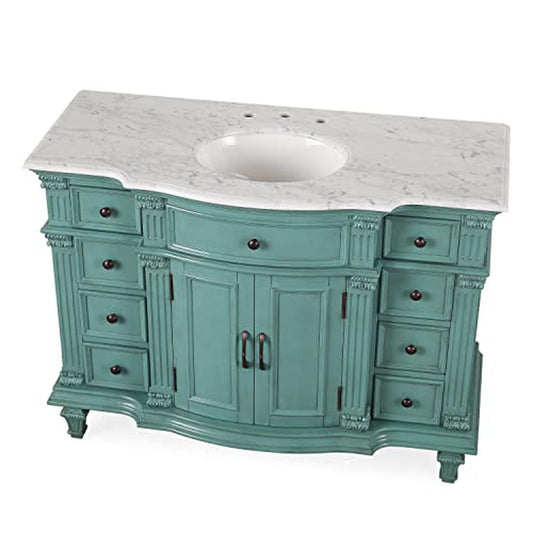Silkroad Exclusive 48" Single Sink Retro Green Bathroom Vanity With Carrara White Marble Countertop and White Ceramic Undermount Sink - V0277NW48C