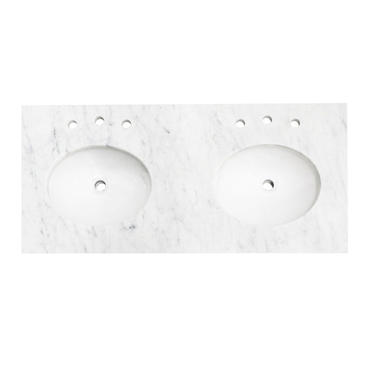 Silkroad Exclusive 48" x 22" White Carrara Marble Vanity Top With White Double Oval Undermount Sink and 4" Backsplash - T48D03