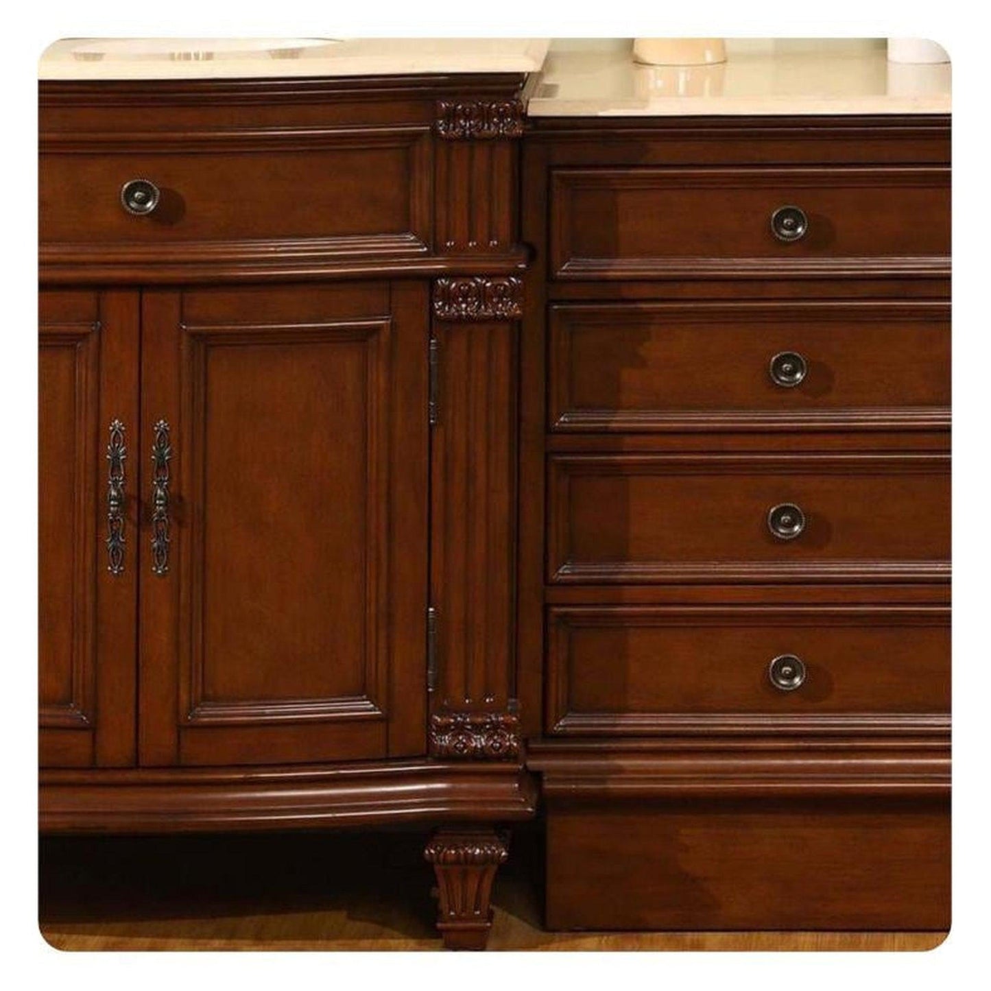 Silkroad Exclusive 51" Single Sink Cherry Modular Bathroom Vanity With Crema Marfil Marble Countertop, Ivory Ceramic Undermount Sink and Drawer Bank Cabinet - HYP-0205-CM-UIC-51
