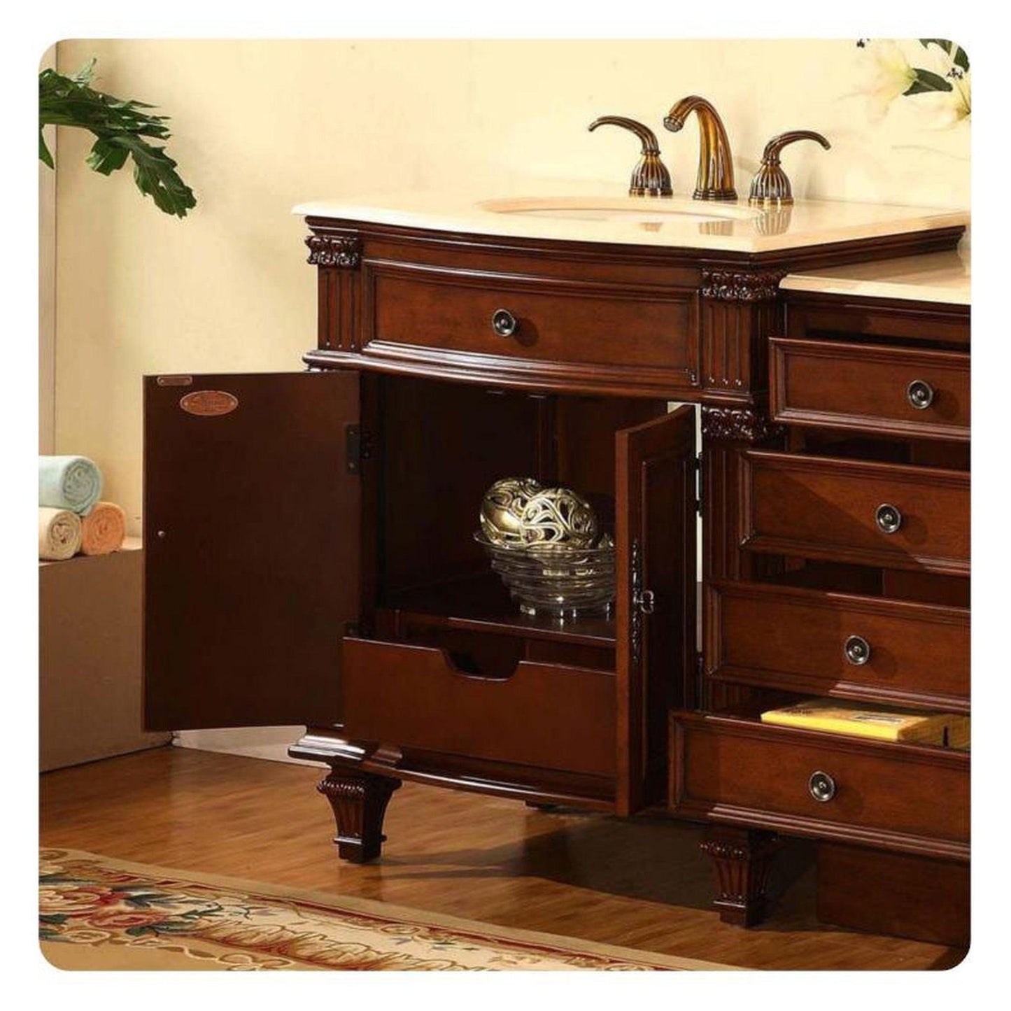 Silkroad Exclusive 51" Single Sink Cherry Modular Bathroom Vanity With Crema Marfil Marble Countertop, Ivory Ceramic Undermount Sink and Drawer Bank Cabinet - HYP-0205-CM-UIC-51