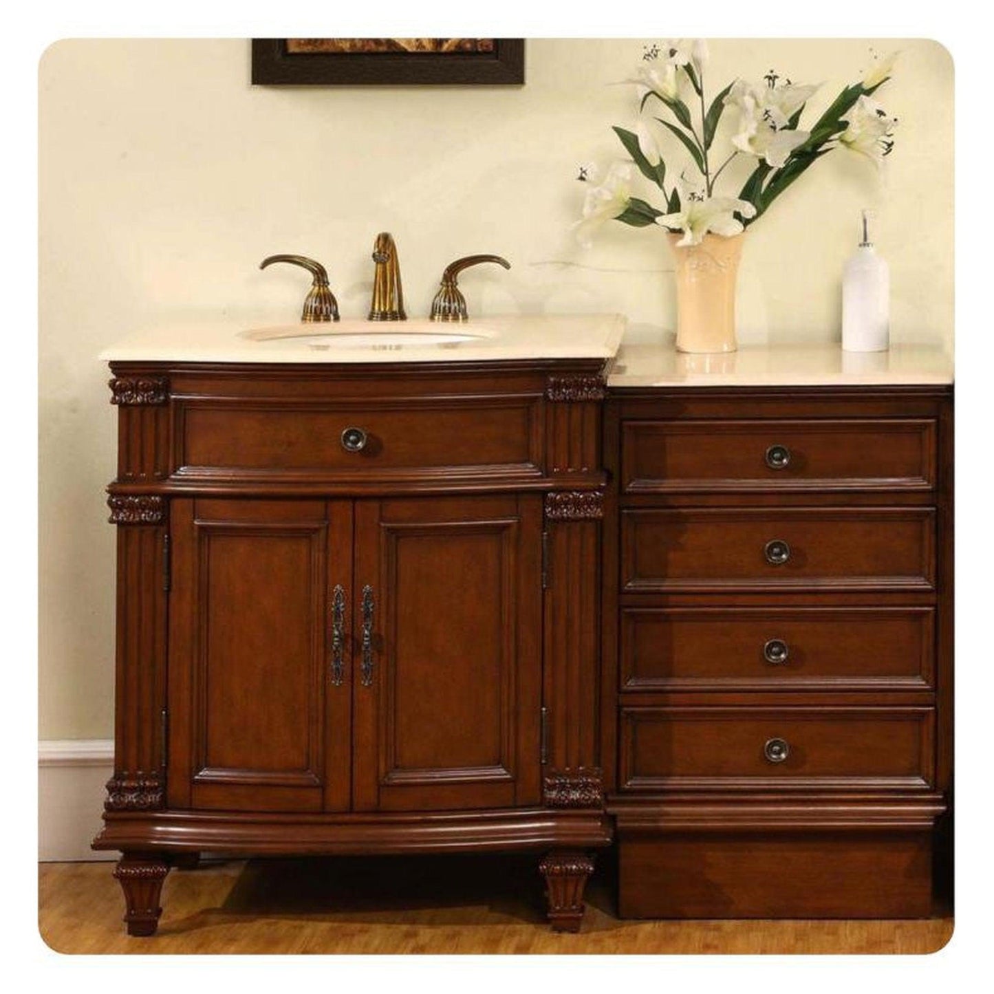 Silkroad Exclusive 51" Single Sink Cherry Modular Bathroom Vanity With Crema Marfil Marble Countertop, Ivory Ceramic Undermount Sink and Drawer Bank Cabinet - HYP-0205-CM-UIC-51