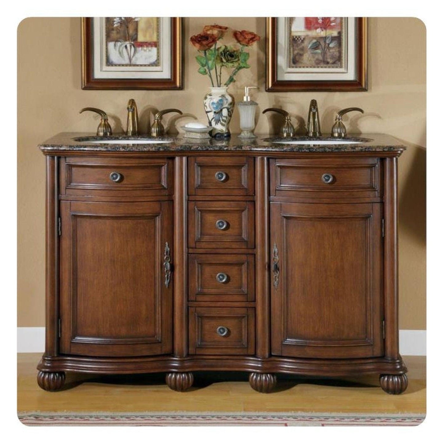 Silkroad Exclusive 52" Double Sink English Chestnut Bathroom Vanity With Baltic Brown Granite Countertop and Ivory Ceramic Undermount Sink - LTP-0180-BB-UIC-52