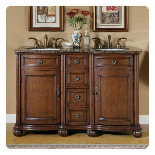 Silkroad Exclusive 52" Double Sink English Chestnut Bathroom Vanity With Baltic Brown Granite Countertop and Ivory Ceramic Undermount Sink - LTP-0180-BB-UIC-52