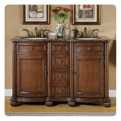 Silkroad Exclusive 52" Double Sink English Chestnut Bathroom Vanity With Baltic Brown Granite Countertop and Ivory Ceramic Undermount Sink - LTP-0180-BB-UIC-52