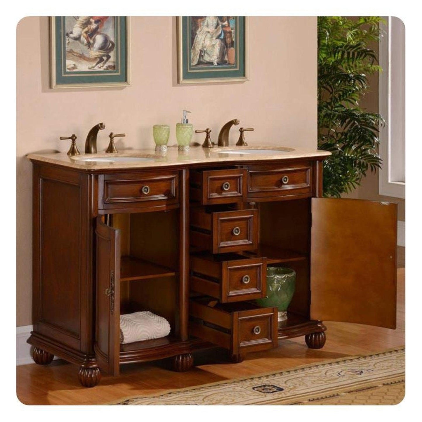 Silkroad Exclusive 52" Double Sink English Chestnut Bathroom Vanity With Travertine Countertop and White Ceramic Undermount Sink - LTR-0180-T-UWC-52