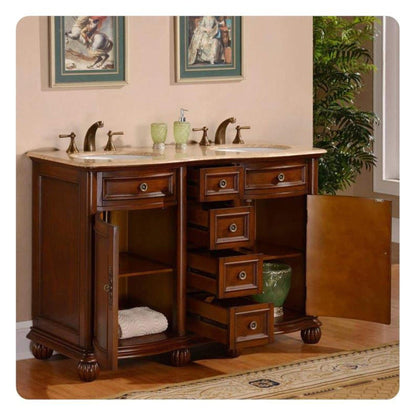 Silkroad Exclusive 52" Double Sink English Chestnut Bathroom Vanity With Travertine Countertop and White Ceramic Undermount Sink - LTR-0180-T-UWC-52