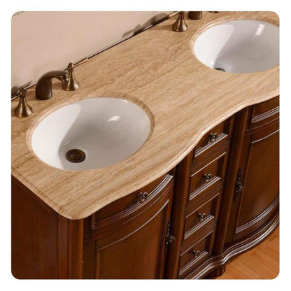Silkroad Exclusive 52" Double Sink English Chestnut Bathroom Vanity With Travertine Countertop and White Ceramic Undermount Sink - LTR-0180-T-UWC-52