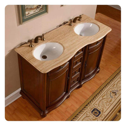 Silkroad Exclusive 52" Double Sink English Chestnut Bathroom Vanity With Travertine Countertop and White Ceramic Undermount Sink - LTR-0180-T-UWC-52