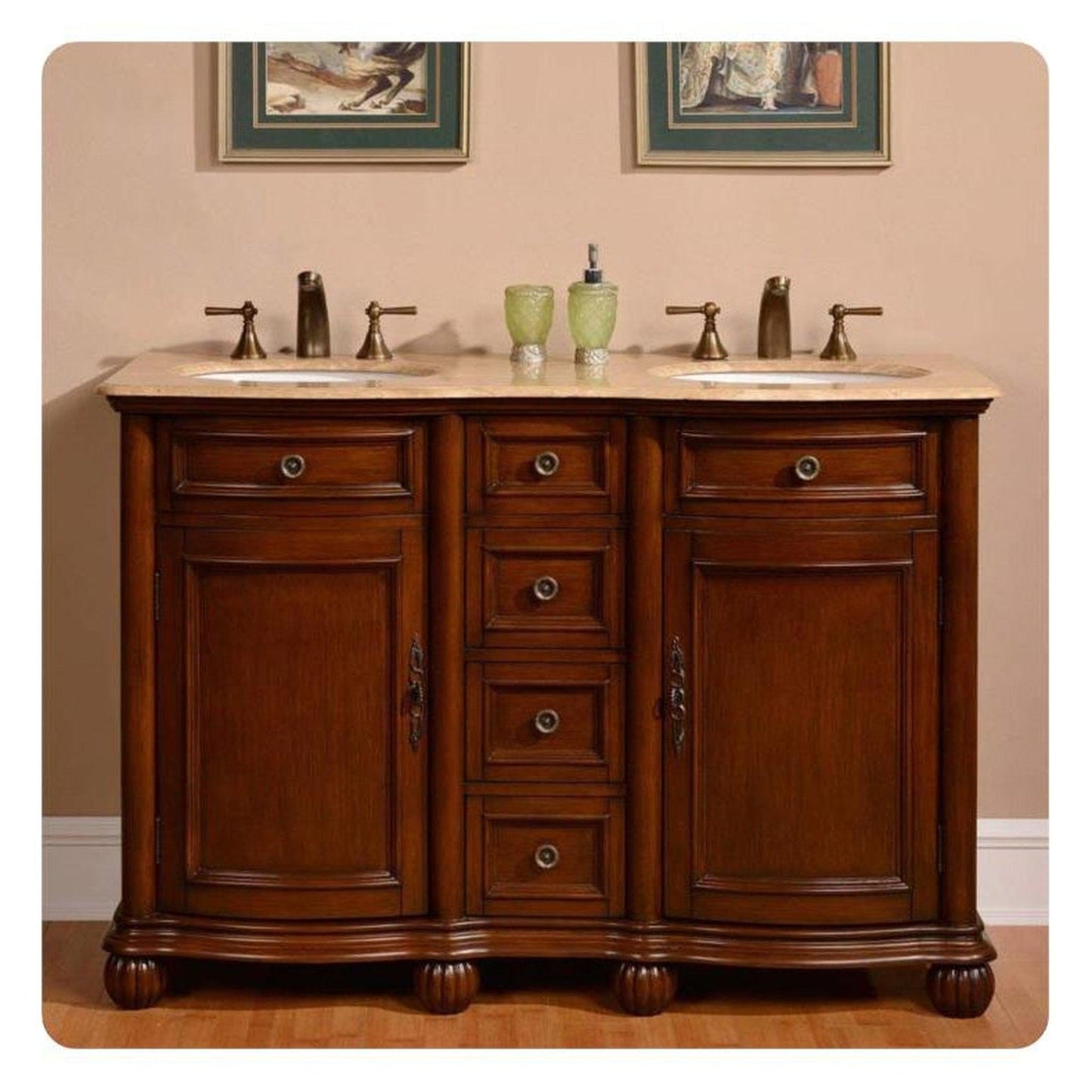 Silkroad Exclusive 52" Double Sink English Chestnut Bathroom Vanity With Travertine Countertop and White Ceramic Undermount Sink - LTR-0180-T-UWC-52
