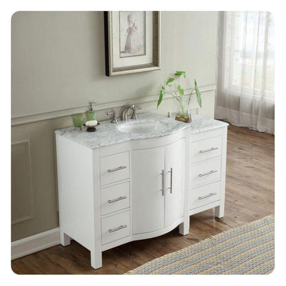 Silkroad Exclusive 54" Single Right Sink White Bathroom Vanity With Carrara White Marble Countertop and White Ceramic Undermount Sink - V0290WW54R