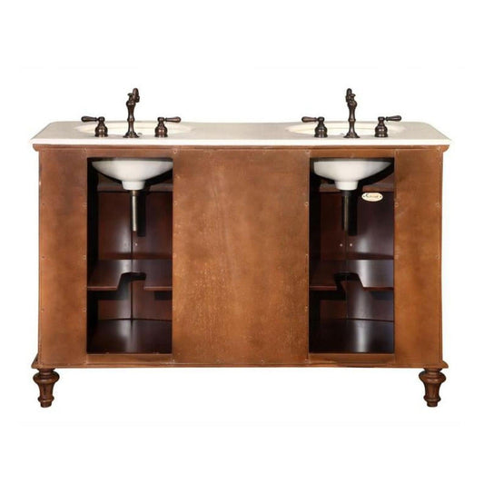 Silkroad Exclusive 55" Double Sink American Chestnut Bathroom Vanity With Crema Marfil Marble Countertop and Ivory Ceramic Undermount Sink - HYP-0719-CM-UIC-55