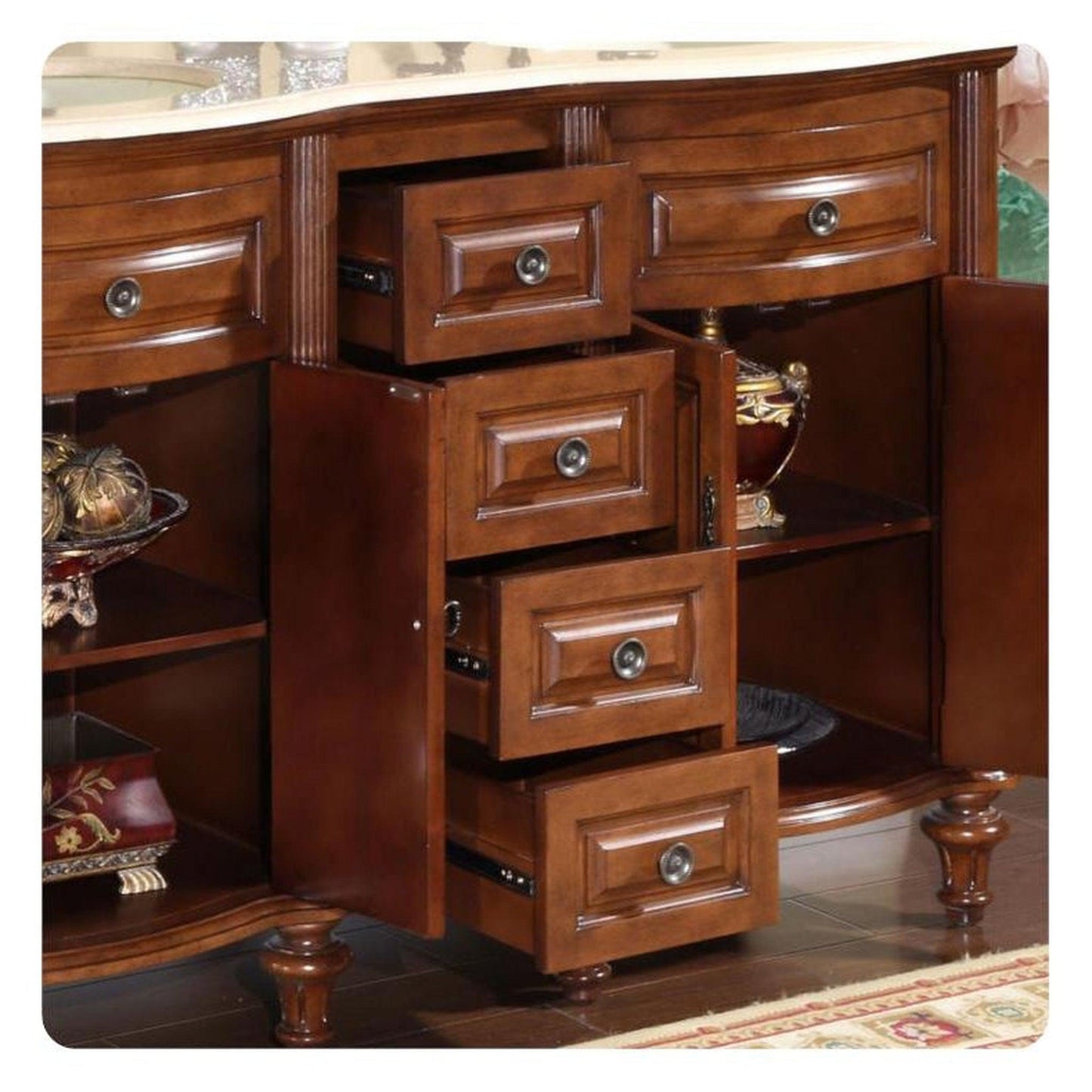 Silkroad 55" Double Sink Vanity, Chestnut, Crema Marfil Top, Ivory Sink - HYP-0719-CM-UIC-55