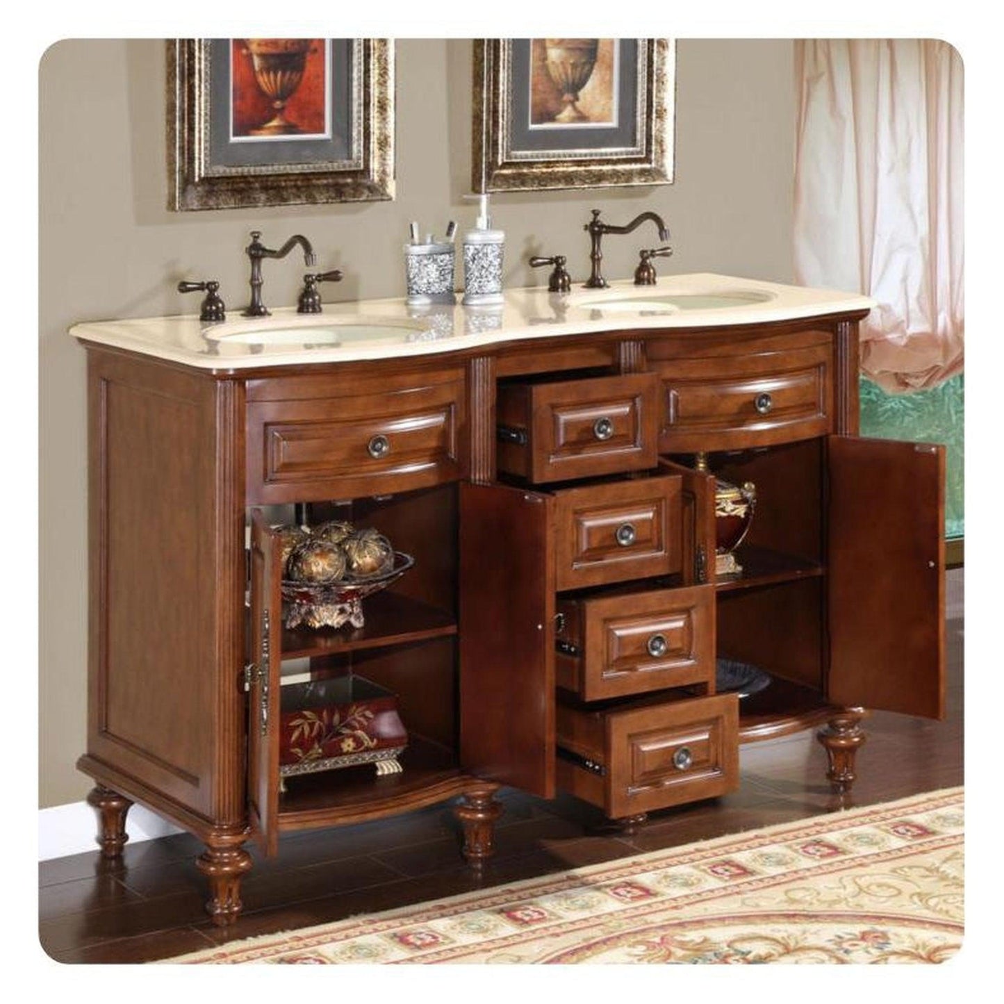 Silkroad 55" Double Sink Vanity, Chestnut, Crema Marfil Top, Ivory Sink - HYP-0719-CM-UIC-55