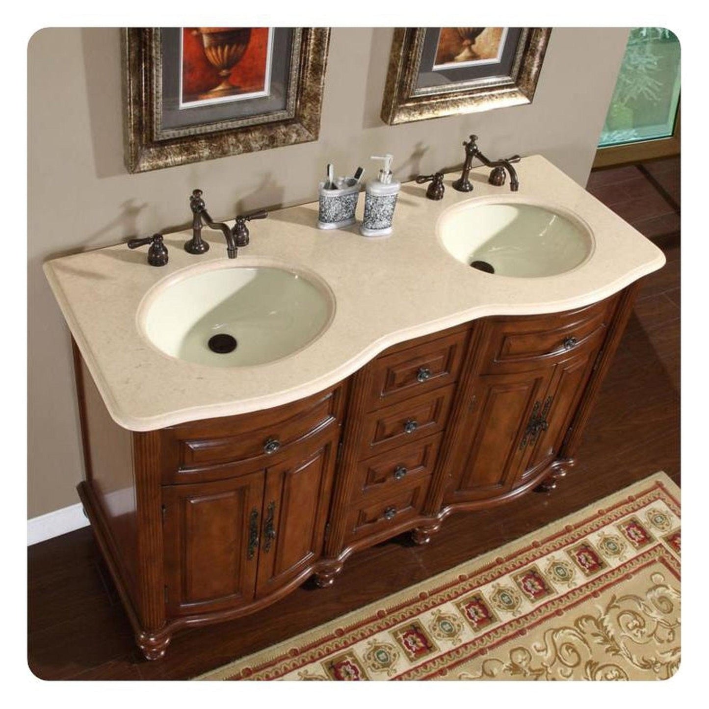 Silkroad 55" Double Sink Vanity, Chestnut, Crema Marfil Top, Ivory Sink - HYP-0719-CM-UIC-55