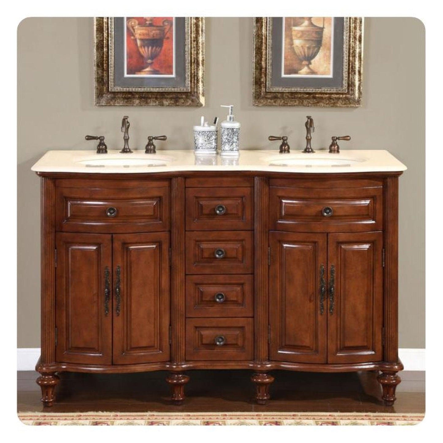 Silkroad 55" Double Sink Vanity, Chestnut, Crema Marfil Top, Ivory Sink - HYP-0719-CM-UIC-55
