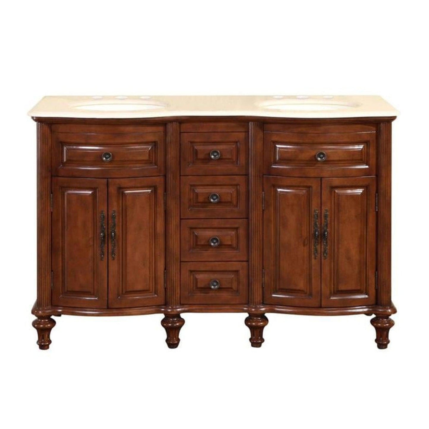 Silkroad 55" Double Sink Vanity, Chestnut, Crema Marfil Top, Ivory Sink - HYP-0719-CM-UIC-55