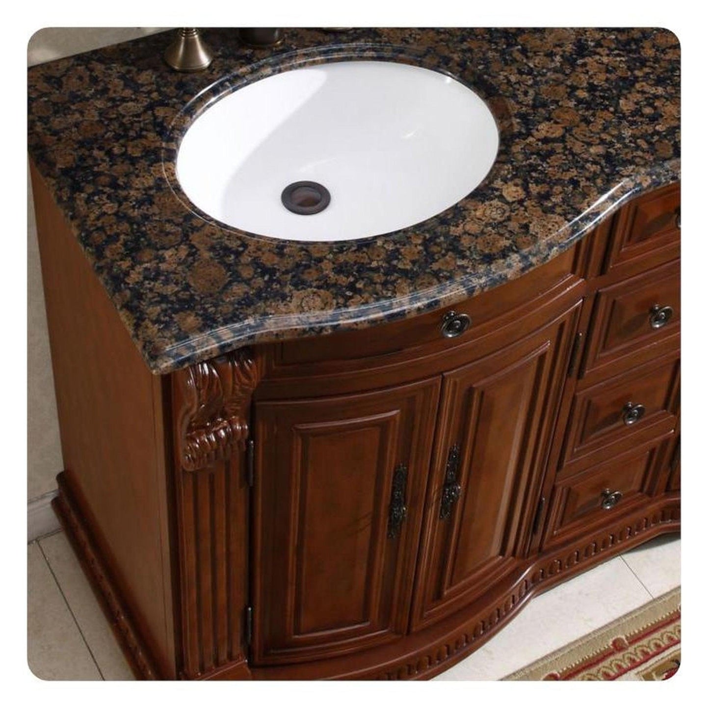 Silkroad Exclusive 55" Double Sink Cherry Bathroom Vanity With Baltic Brown Granite Countertop and White Ceramic Undermount Sink - HYP-0223-BB-UWC-55