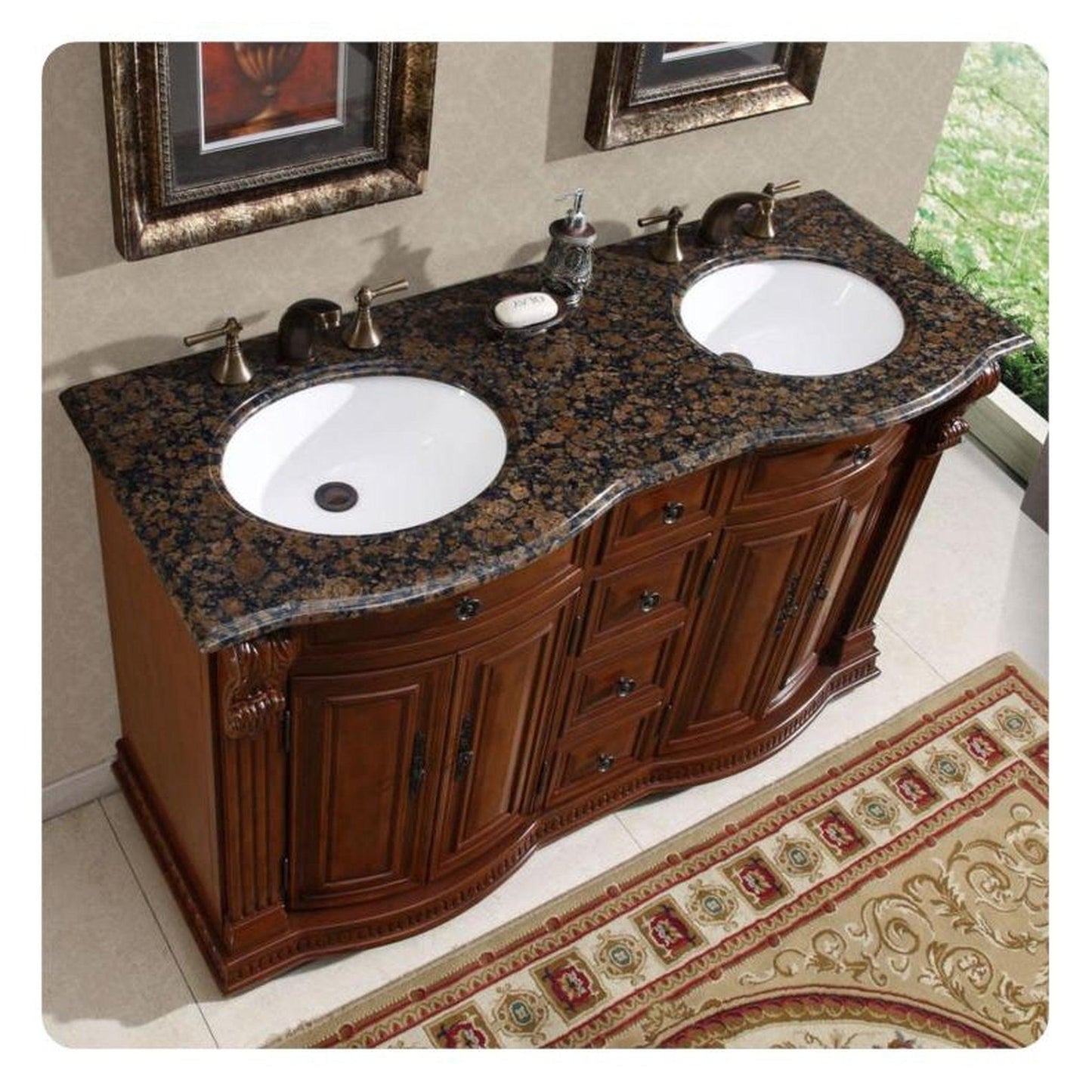Silkroad Exclusive 55" Double Sink Cherry Bathroom Vanity With Baltic Brown Granite Countertop and White Ceramic Undermount Sink - HYP-0223-BB-UWC-55