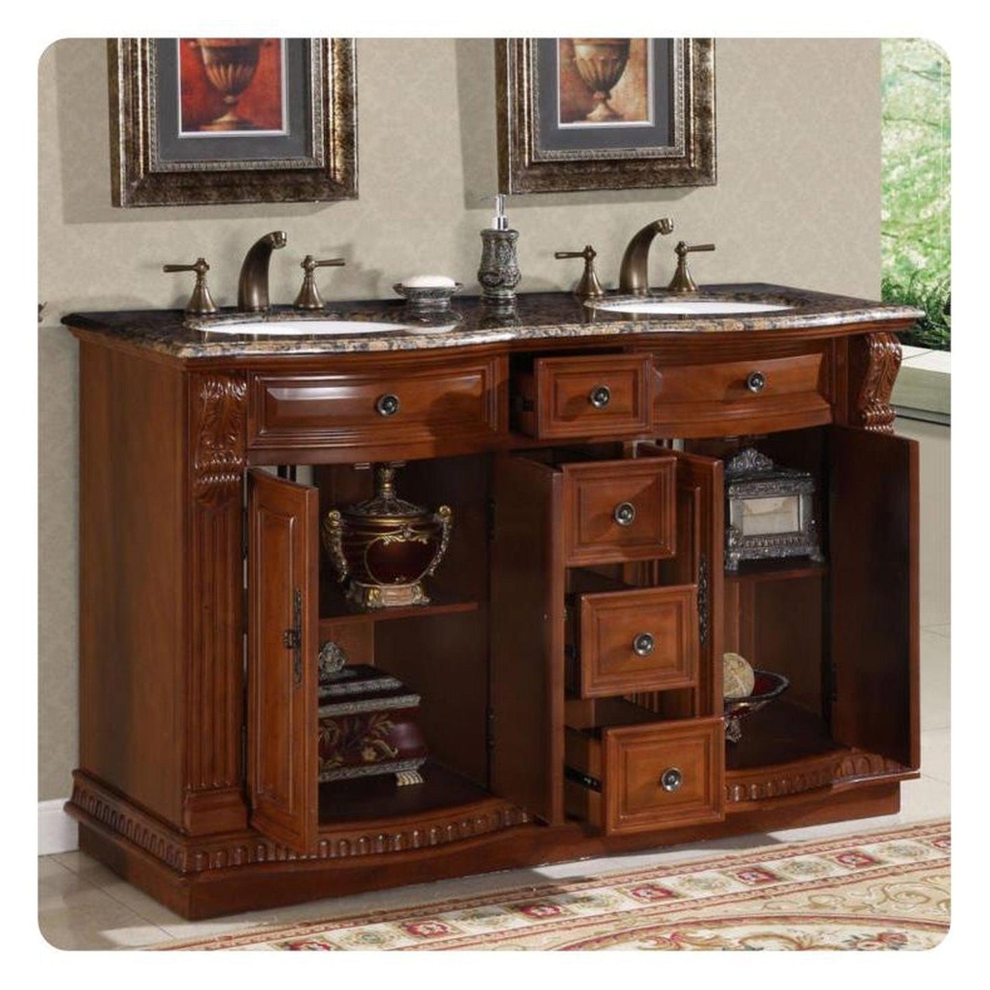 Silkroad Exclusive 55" Double Sink Cherry Bathroom Vanity With Baltic Brown Granite Countertop and White Ceramic Undermount Sink - HYP-0223-BB-UWC-55