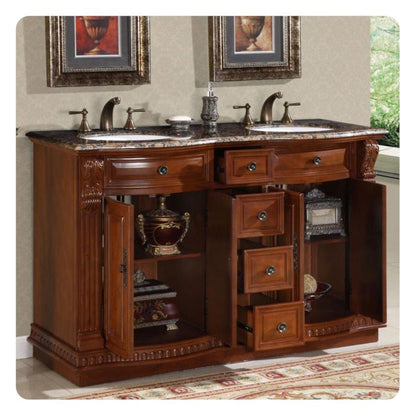 Silkroad Exclusive 55" Double Sink Cherry Bathroom Vanity With Baltic Brown Granite Countertop and White Ceramic Undermount Sink - HYP-0223-BB-UWC-55