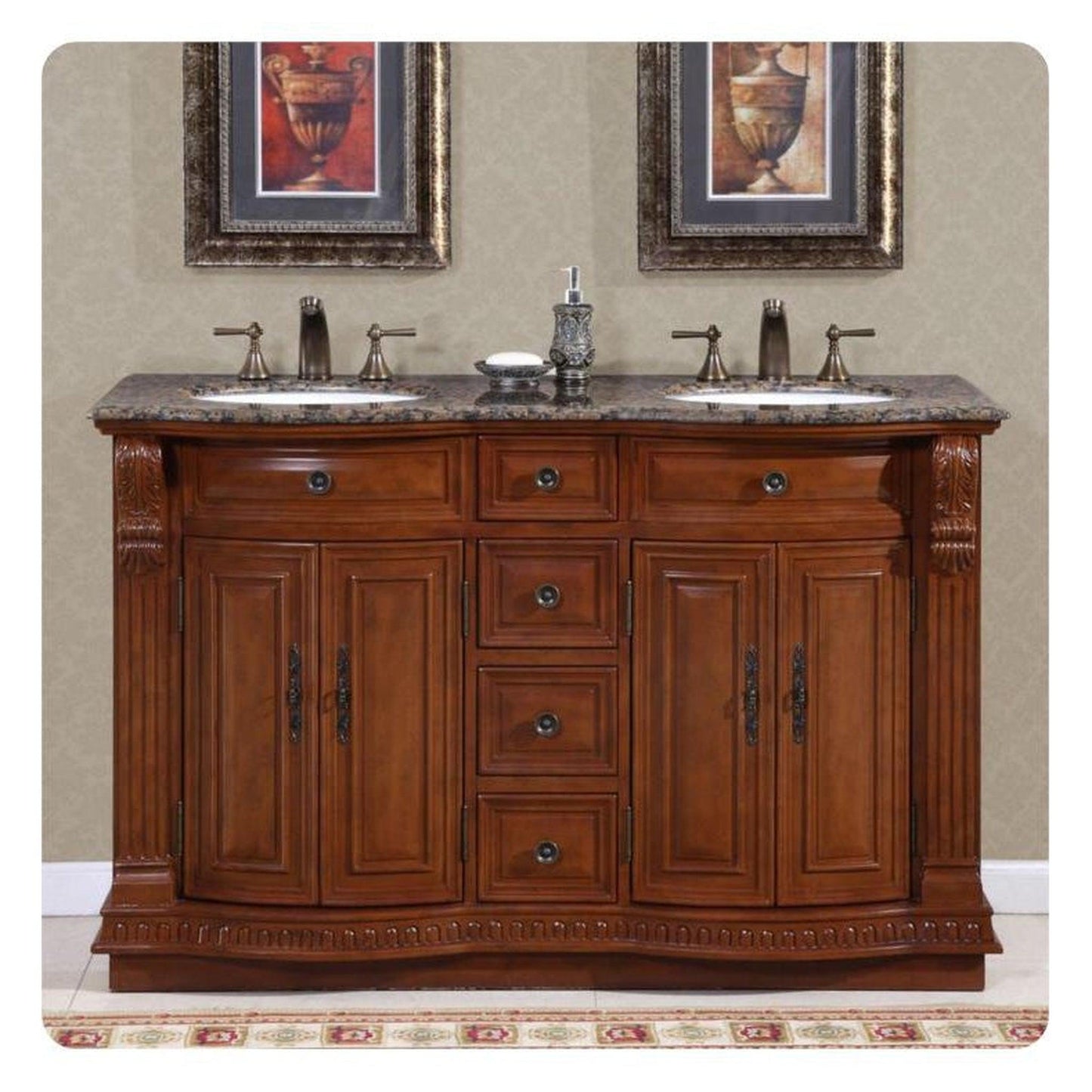 Silkroad Exclusive 55" Double Sink Cherry Bathroom Vanity With Baltic Brown Granite Countertop and White Ceramic Undermount Sink - HYP-0223-BB-UWC-55