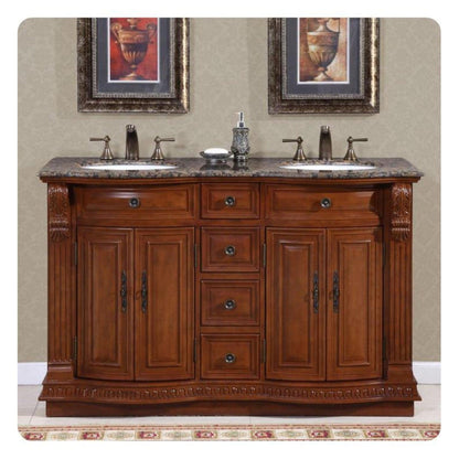 Silkroad Exclusive 55" Double Sink Cherry Bathroom Vanity With Baltic Brown Granite Countertop and White Ceramic Undermount Sink - HYP-0223-BB-UWC-55