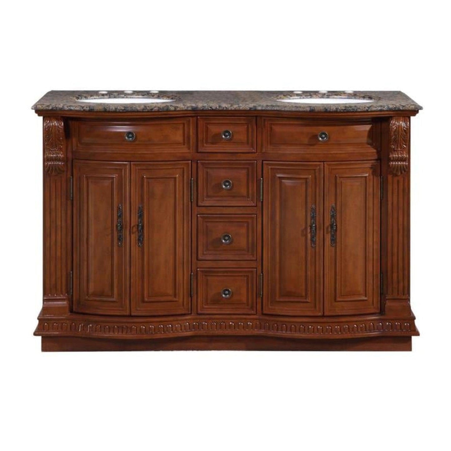 Silkroad Exclusive 55" Double Sink Cherry Bathroom Vanity With Baltic Brown Granite Countertop and White Ceramic Undermount Sink - HYP-0223-BB-UWC-55