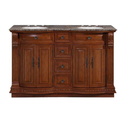 Silkroad Exclusive 55" Double Sink Cherry Bathroom Vanity With Baltic Brown Granite Countertop and White Ceramic Undermount Sink - HYP-0223-BB-UWC-55