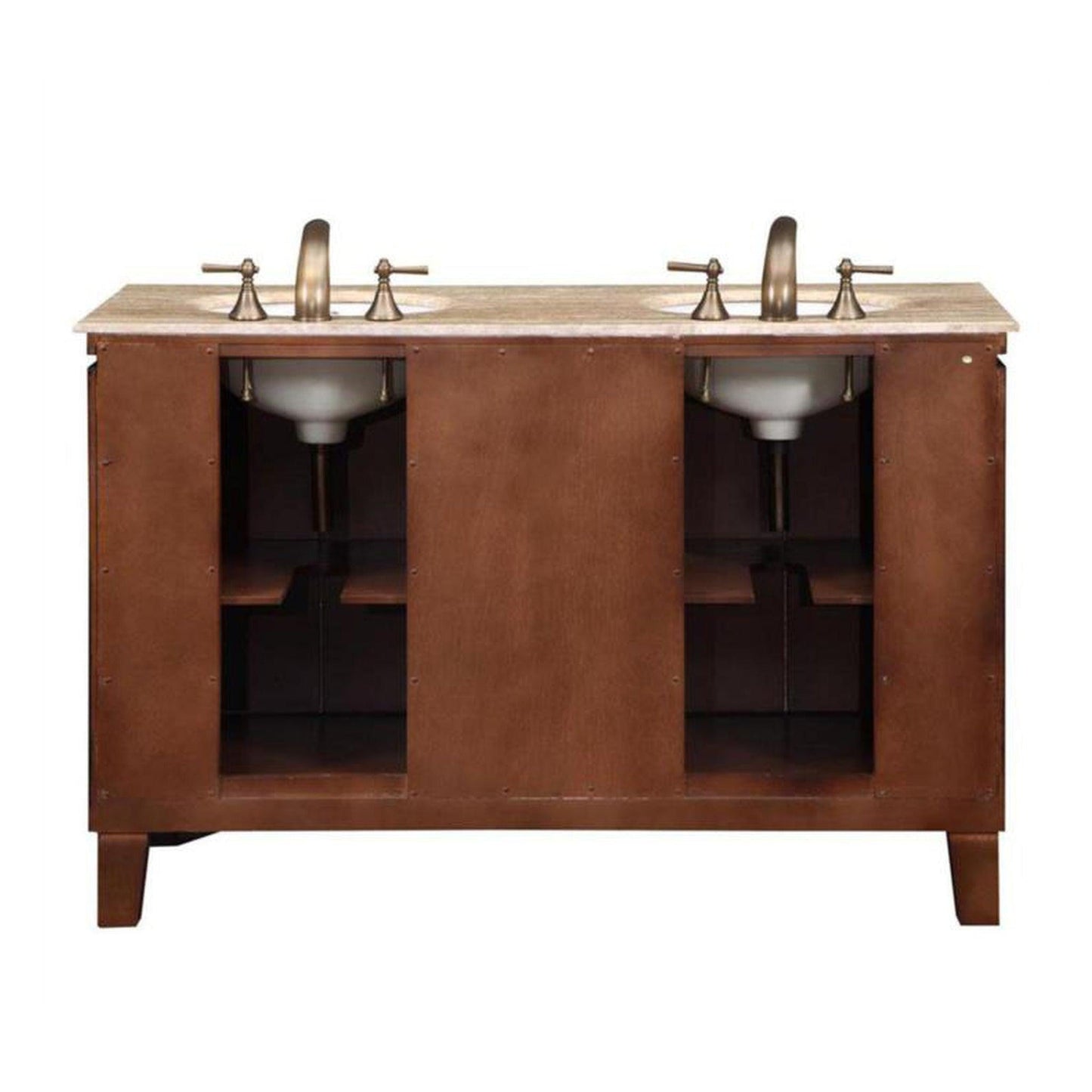 Silkroad Exclusive 55" Double Sink Dark Walnut Bathroom Vanity With Travertine Countertop and White Ceramic Undermount Sink - HYP-0208-T-UWC-55