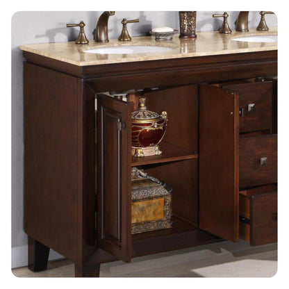 Silkroad Exclusive 55" Double Sink Dark Walnut Bathroom Vanity With Travertine Countertop and White Ceramic Undermount Sink - HYP-0208-T-UWC-55