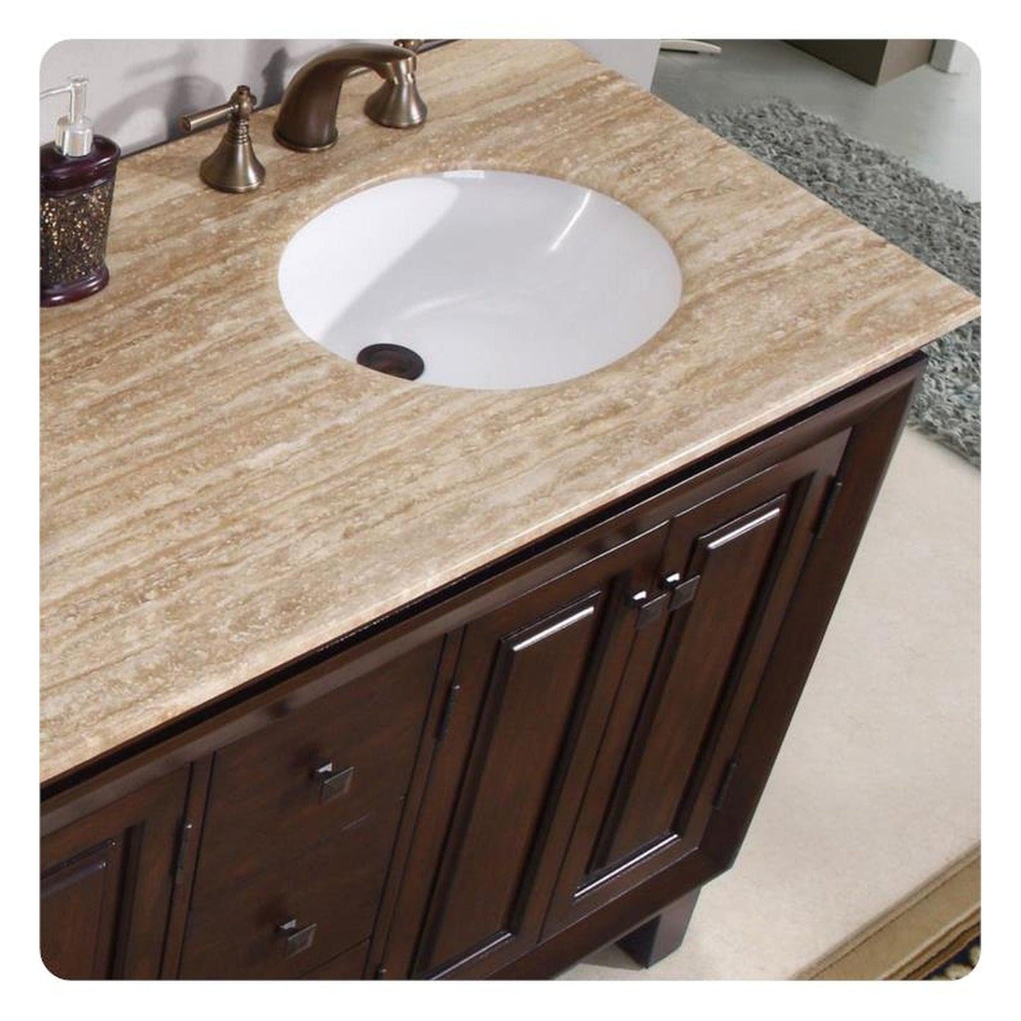 Silkroad Exclusive 55" Double Sink Dark Walnut Bathroom Vanity With Travertine Countertop and White Ceramic Undermount Sink - HYP-0208-T-UWC-55