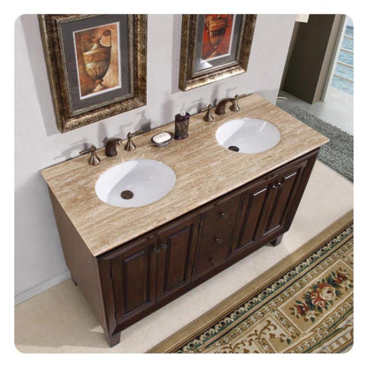 Silkroad Exclusive 55" Double Sink Dark Walnut Bathroom Vanity With Travertine Countertop and White Ceramic Undermount Sink - HYP-0208-T-UWC-55