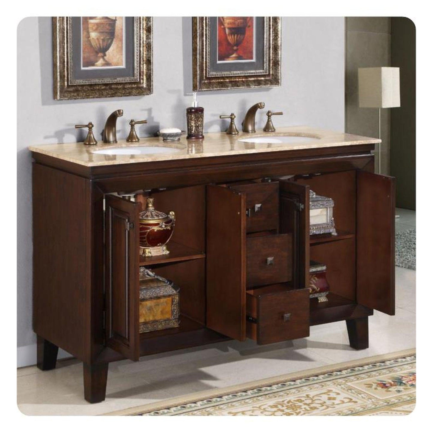 Silkroad Exclusive 55" Double Sink Dark Walnut Bathroom Vanity With Travertine Countertop and White Ceramic Undermount Sink - HYP-0208-T-UWC-55