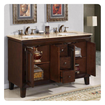 Silkroad Exclusive 55" Double Sink Dark Walnut Bathroom Vanity With Travertine Countertop and White Ceramic Undermount Sink - HYP-0208-T-UWC-55