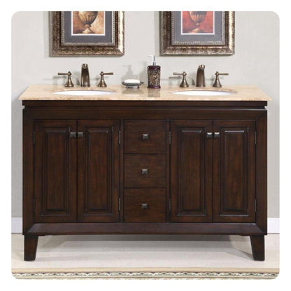 Silkroad Exclusive 55" Double Sink Dark Walnut Bathroom Vanity With Travertine Countertop and White Ceramic Undermount Sink - HYP-0208-T-UWC-55