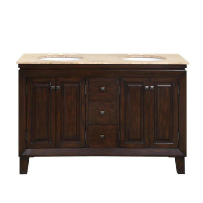 Silkroad Exclusive 55" Double Sink Dark Walnut Bathroom Vanity With Travertine Countertop and White Ceramic Undermount Sink - HYP-0208-T-UWC-55