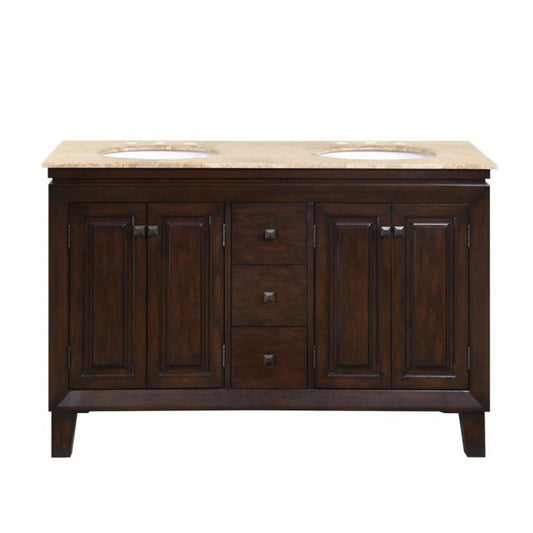 Silkroad Exclusive 55" Double Sink Dark Walnut Bathroom Vanity With Travertine Countertop and White Ceramic Undermount Sink - HYP-0208-T-UWC-55