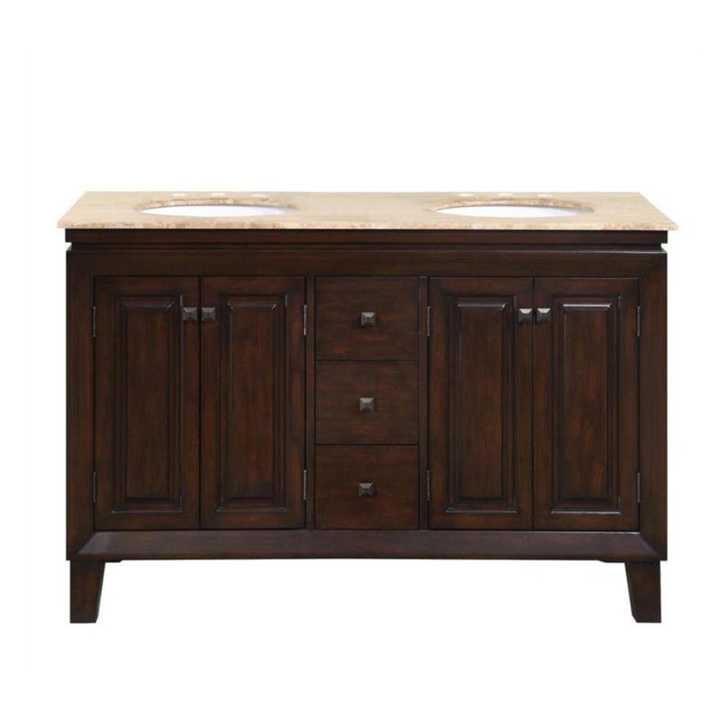 Silkroad Exclusive 55" Double Sink Dark Walnut Bathroom Vanity With Travertine Countertop and White Ceramic Undermount Sink - HYP-0208-T-UWC-55