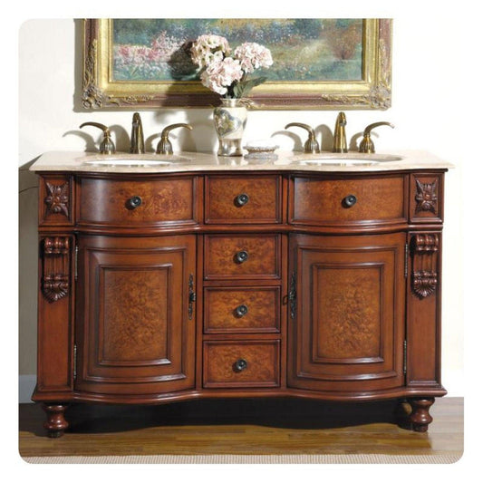 Silkroad Exclusive 55" Double Sink Natural Cherry Bathroom Vanity With Travertine Countertop and Ivory Ceramic Undermount Sink - JYP-0192-T-UIC-55