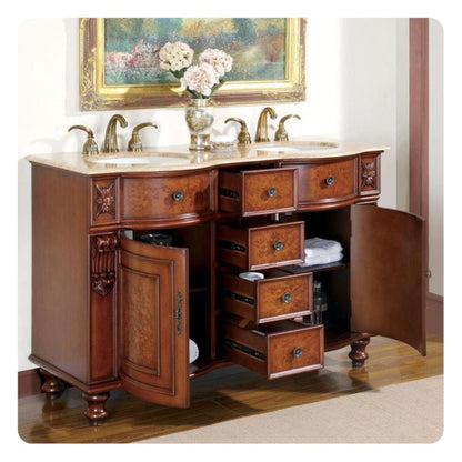 Silkroad Exclusive 55" Double Sink Natural Cherry Bathroom Vanity With Travertine Countertop and Ivory Ceramic Undermount Sink - JYP-0192-T-UIC-55