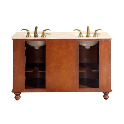 Silkroad Exclusive 55" Double Sink Natural Cherry Bathroom Vanity With Travertine Countertop and Ivory Ceramic Undermount Sink - JYP-0192-T-UIC-55