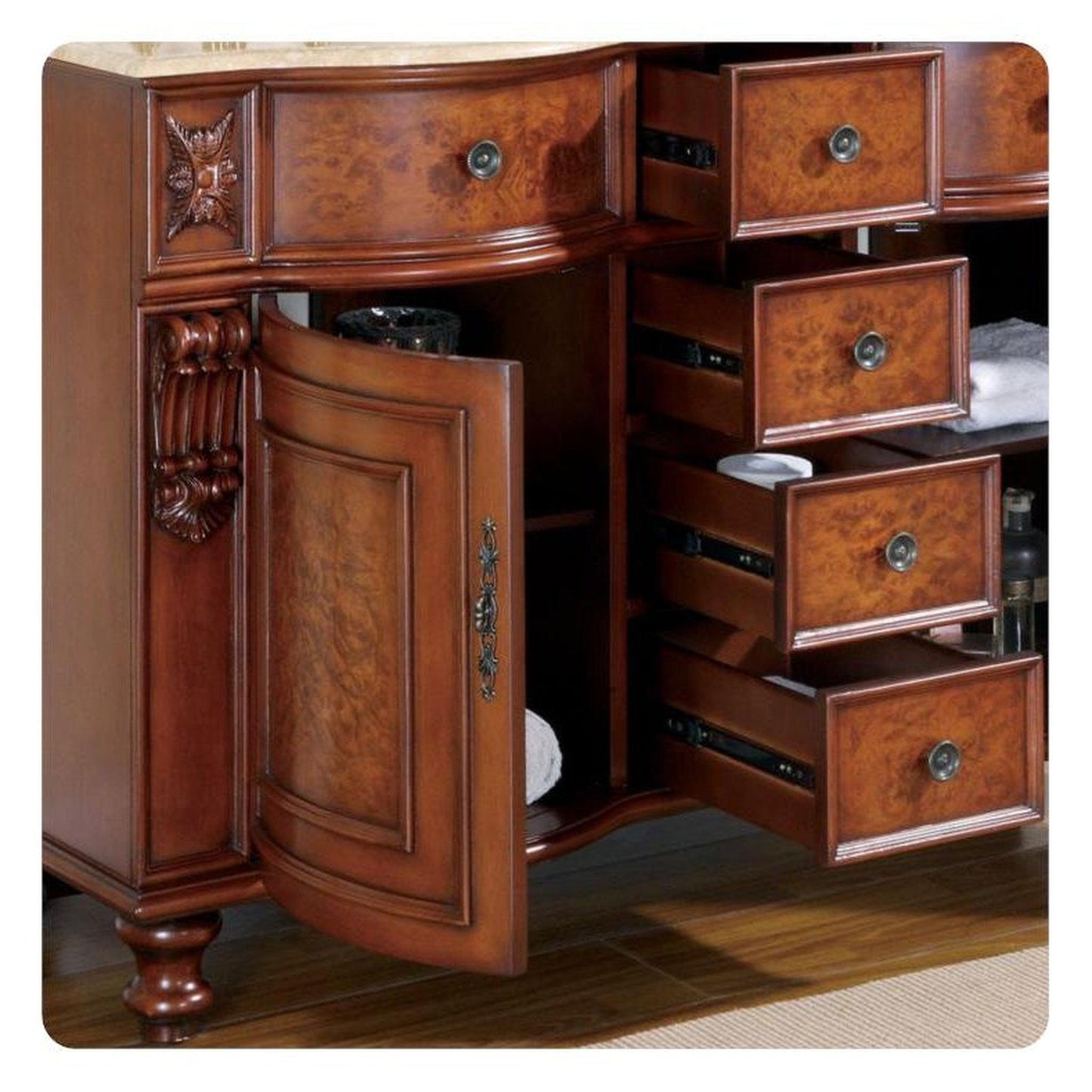 Silkroad Exclusive 55" Double Sink Natural Cherry Bathroom Vanity With Travertine Countertop and Ivory Ceramic Undermount Sink - JYP-0192-T-UIC-55