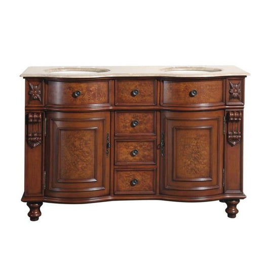 Silkroad Exclusive 55" Double Sink Natural Cherry Bathroom Vanity With Travertine Countertop and Ivory Ceramic Undermount Sink - JYP-0192-T-UIC-55