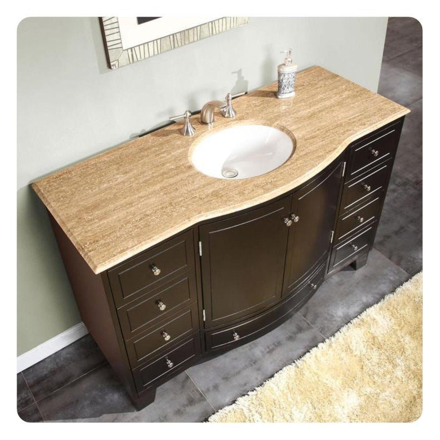 Silkroad Exclusive 55" Single Sink Dark Espresso Bathroom Vanity With Travertine Countertop and White Ceramic Undermount Sink - HYP-0703-T-UWC-55
