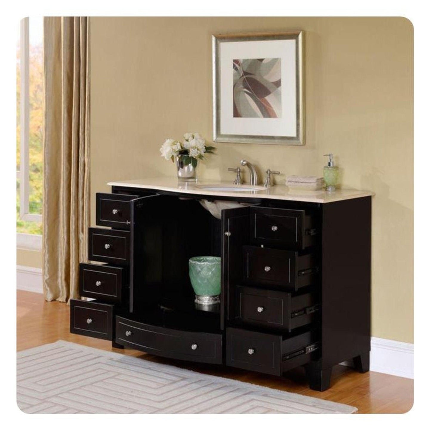 Silkroad Exclusive 55" Single Sink Dark Espresso Bathroom Vanity With Travertine Countertop and White Ceramic Undermount Sink - HYP-0703-T-UWC-55