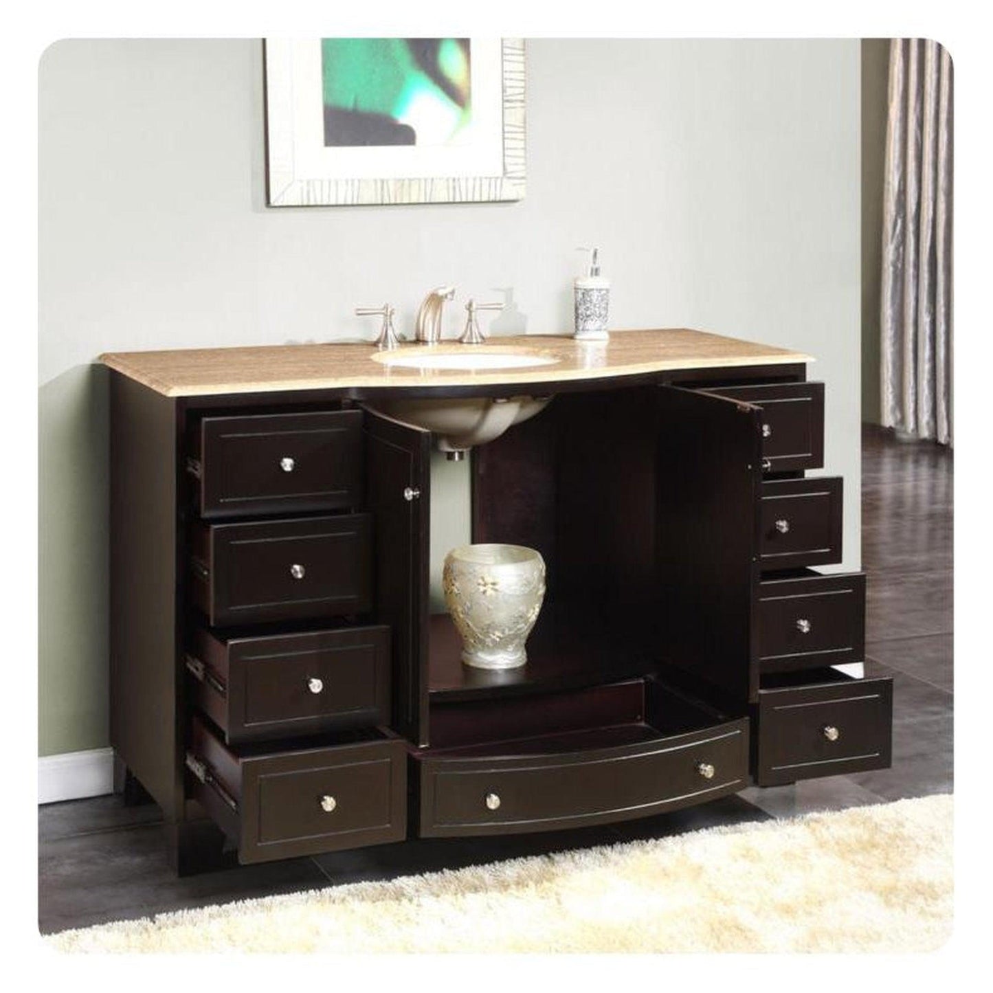 Silkroad Exclusive 55" Single Sink Dark Espresso Bathroom Vanity With Travertine Countertop and White Ceramic Undermount Sink - HYP-0703-T-UWC-55