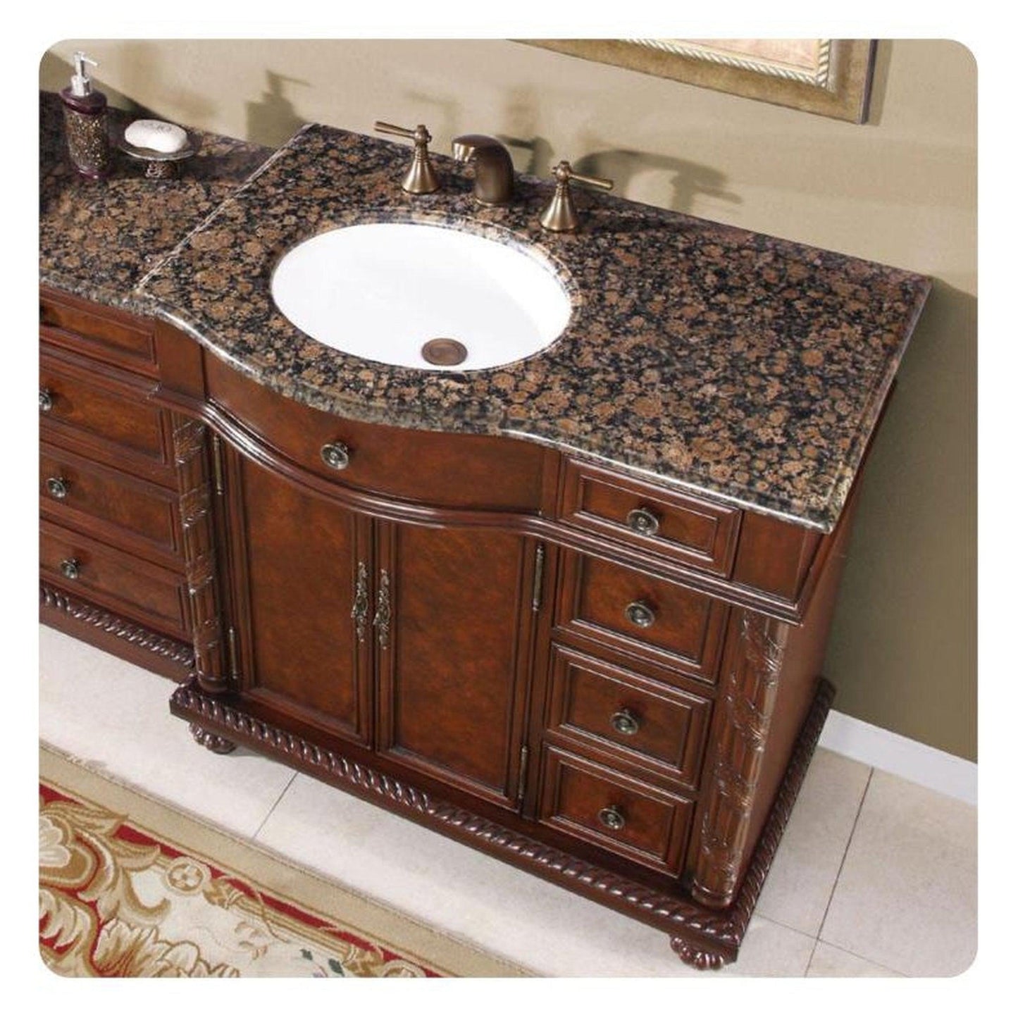 Silkroad Exclusive 56" Single Left Side Sink English Chestnut Modular Bathroom Vanity With Baltic Brown Granite, White Ceramic Undermount Sink and Drawer Bank Cabinet - HYP-0213-BB-UWC-56-L